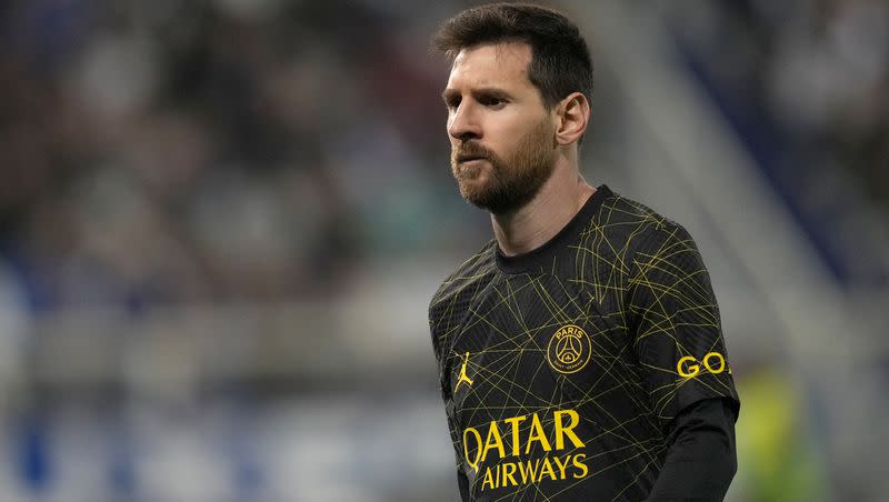 PSG’s Lionel Messi during the French League One soccer match between Auxerre and Paris Saint Germain, at the Abbe Deschamps stadium in Auxerre, central France, Sunday, May 21, 2023.