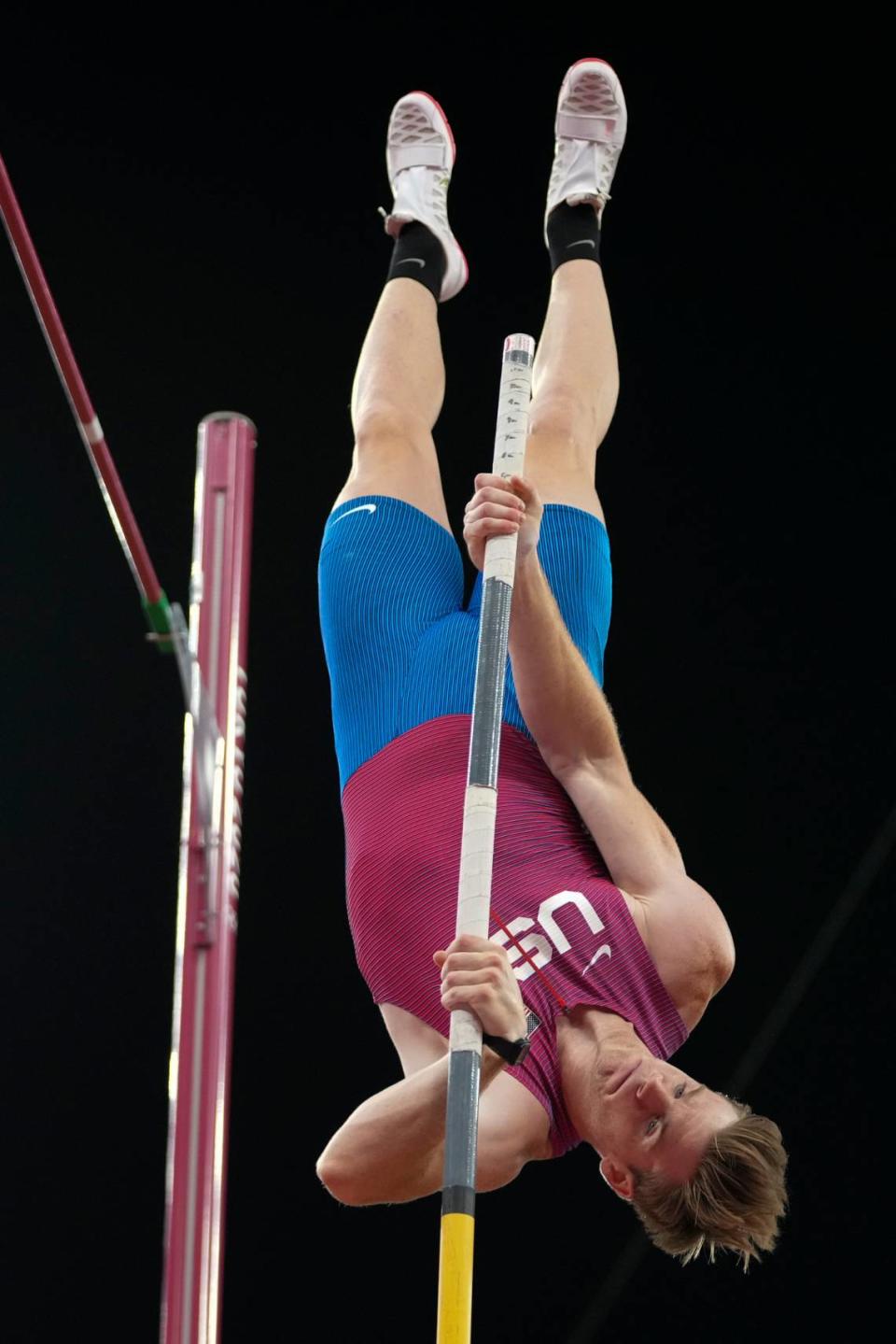 Christopher Nilsen, of the United States, competes in the men’s pole vault final at the 2020 Summer Olympics, Tuesday, Aug. 3, 2021, in Tokyo. (AP Photo/Matthias Schrader)