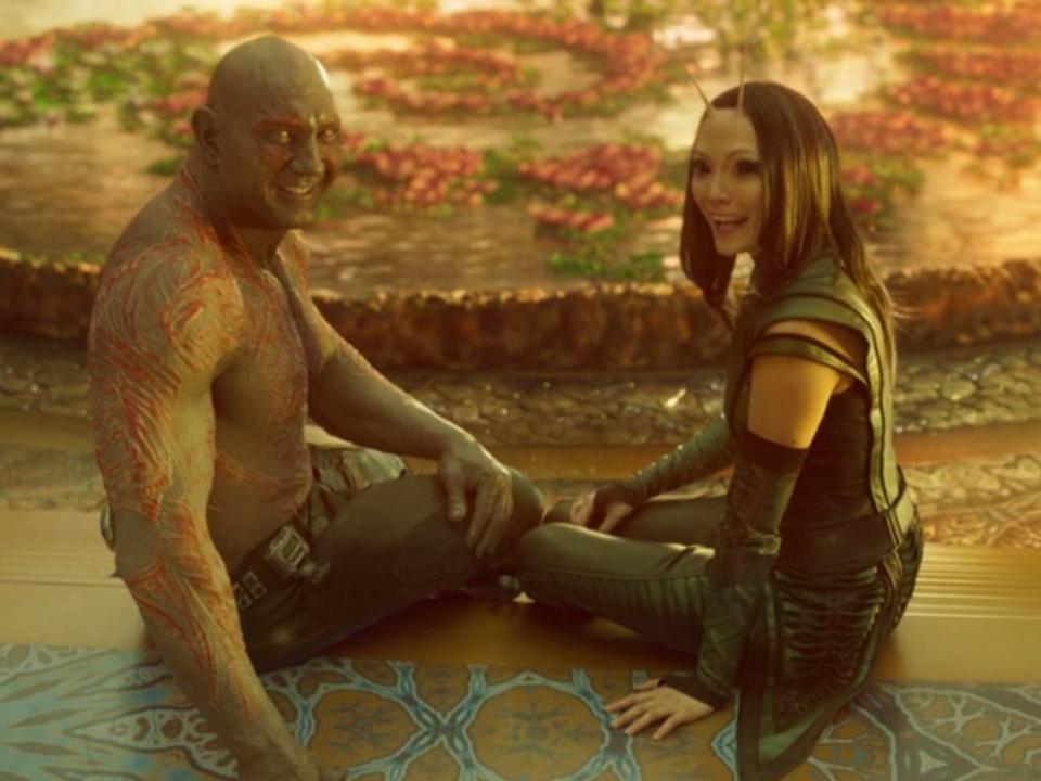 Dave Bautista as Drax and Pom Klementieff as Matnis in "Guardians in the Galaxy Vol. 2."