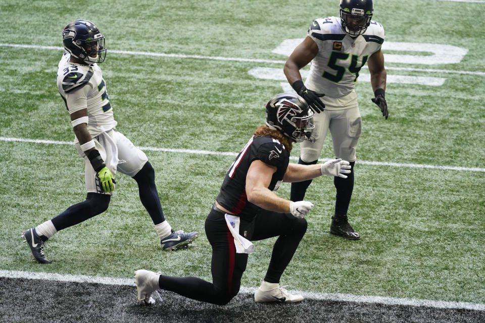 Atlanta Falcons tight end Hayden Hurst (81) reacts after a two-point conversion play against the Seattle Seahawks during the second half of an NFL football game, Sunday, Sept. 13, 2020, in Atlanta. (AP Photo/Brynn Anderson)