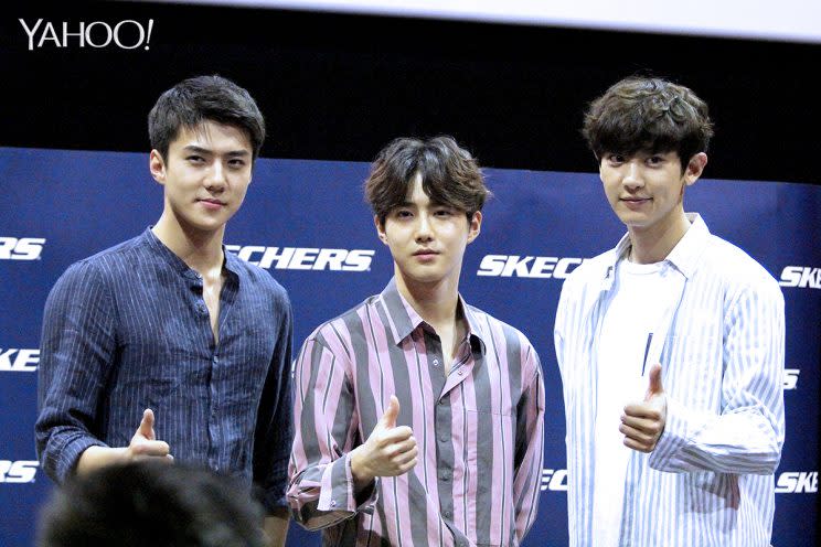 EXO greeted the media at the press conference for Skechers 'Sweet Monster' K-pop dance competition on 10 June. (Photo: Yahoo Lifestyle Singapore)