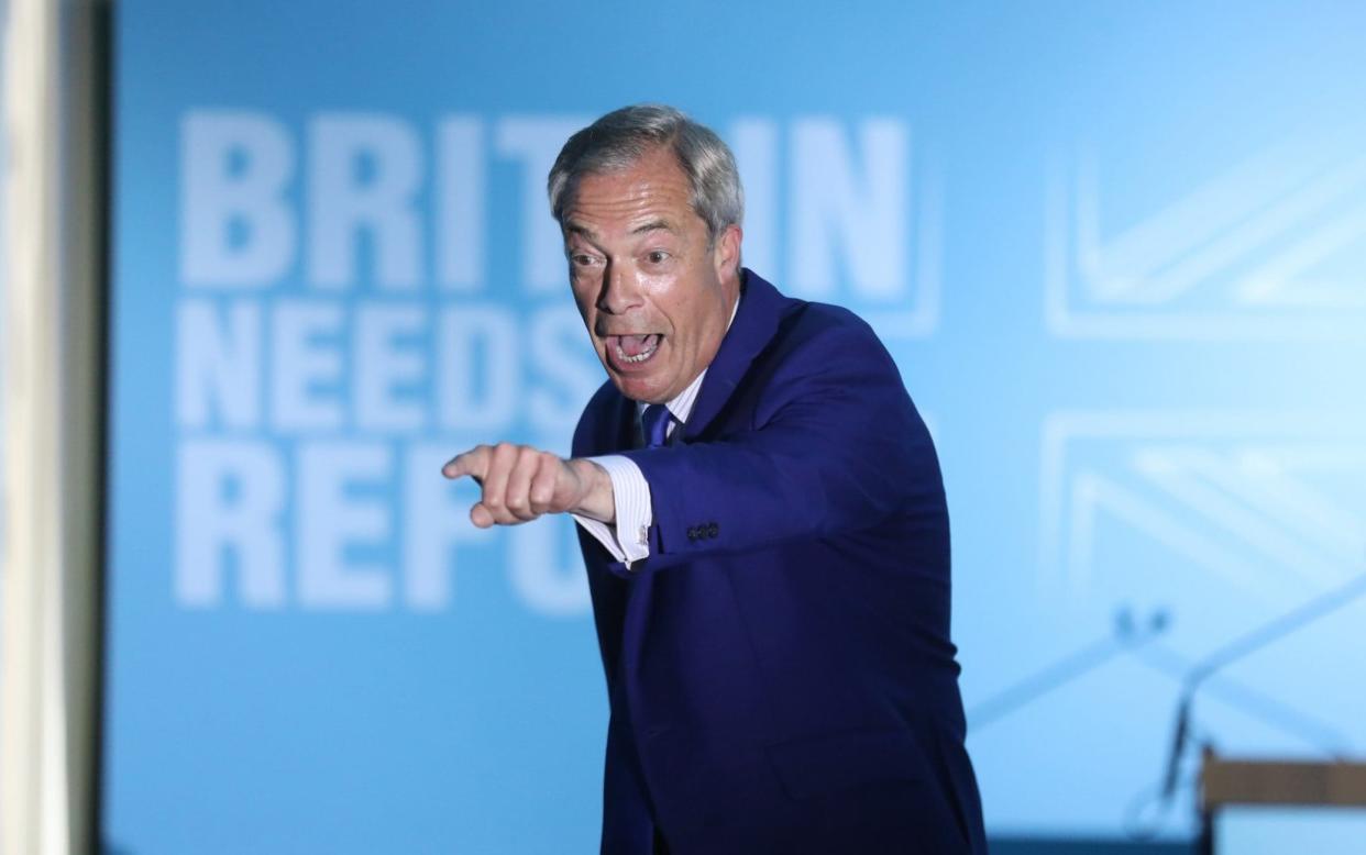 Reform UK leader Nigel Farage speaking at an event at the Imperial Hotel in Blackpool