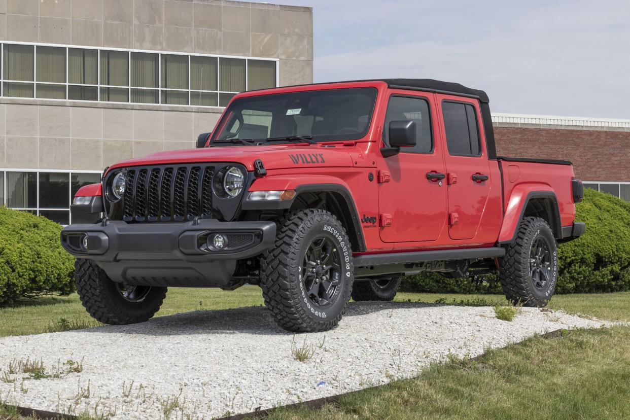 Kokomo - Circa June 2021: Jeep Gladiator display at the Chrysler Transmission plant. The Stellantis subsidiaries of FCA are Chrysler, Dodge, Jeep, and Ram.