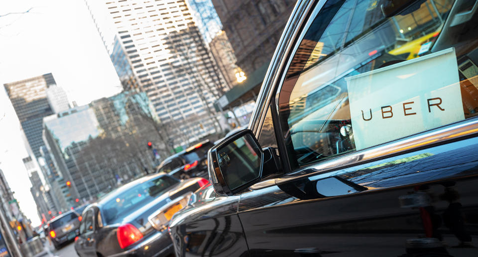 Pictured is an Uber car. Source: Getty