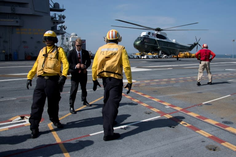 Trump arrived aboard the USS Gerald R. Ford on the presidential helicopter Marine One