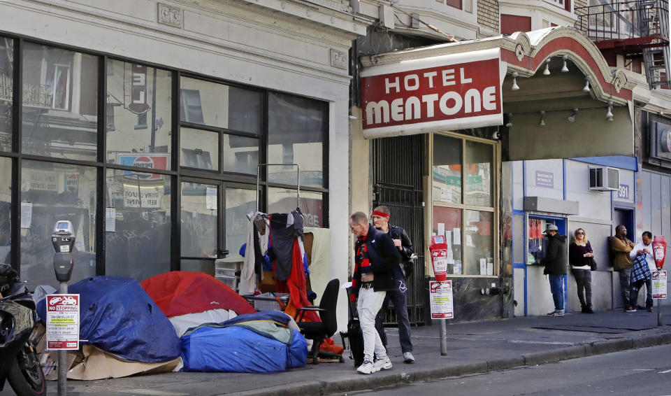 Well into April, people slept in tents and sleeping bags in the Tenderloin area of San Francisco.  (Photo: Ben Margot/Associated Press)