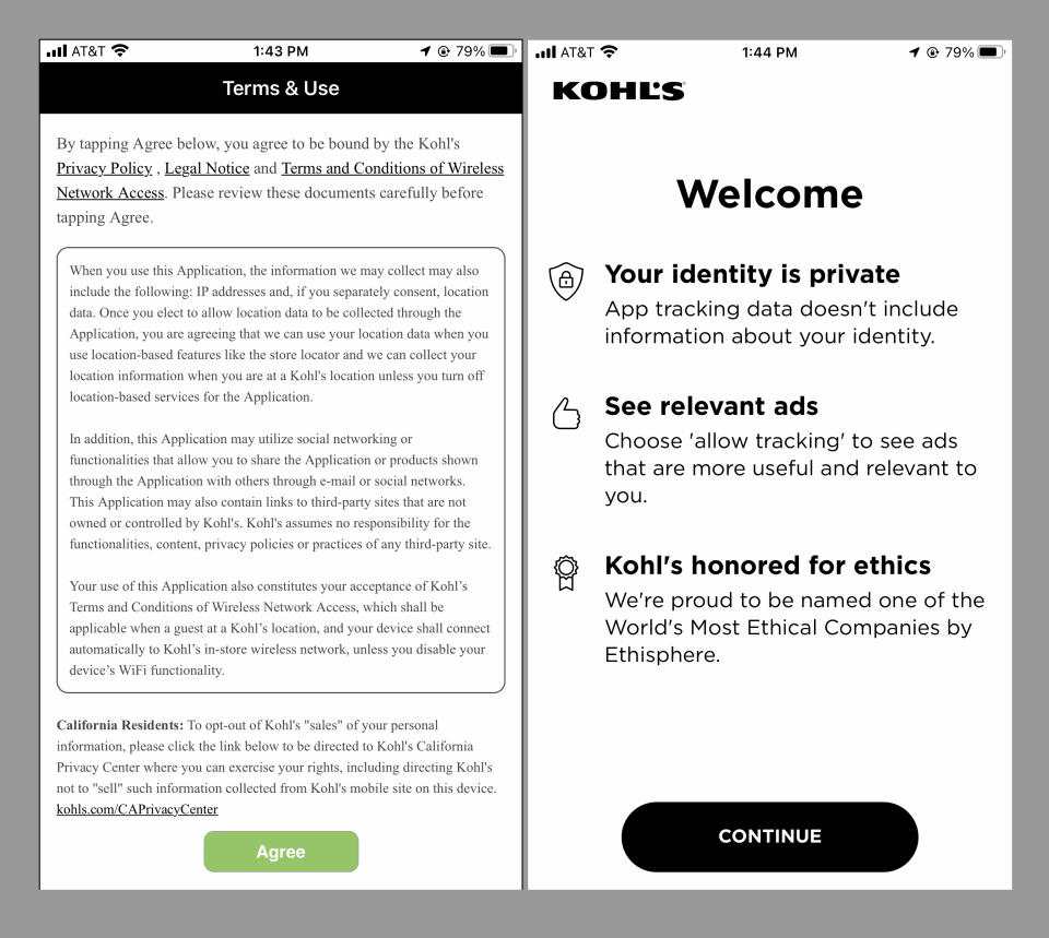 The terms of use in the Kohl's app describing how a user's information will be collected, left, and an option to 