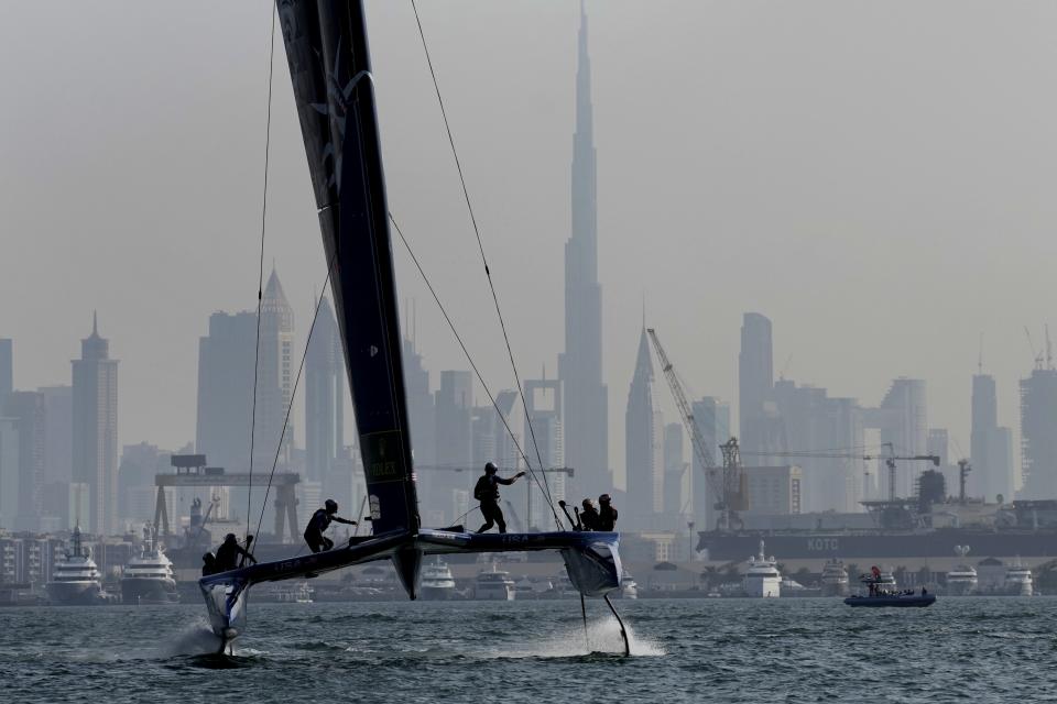 Sail GP team of the U.S. competes during the Dubai Sail Grand Prix Race, in Dubai, United Arab Emirates, Sunday, Nov. 13, 2022. (AP Photo/Kamran Jebreili)