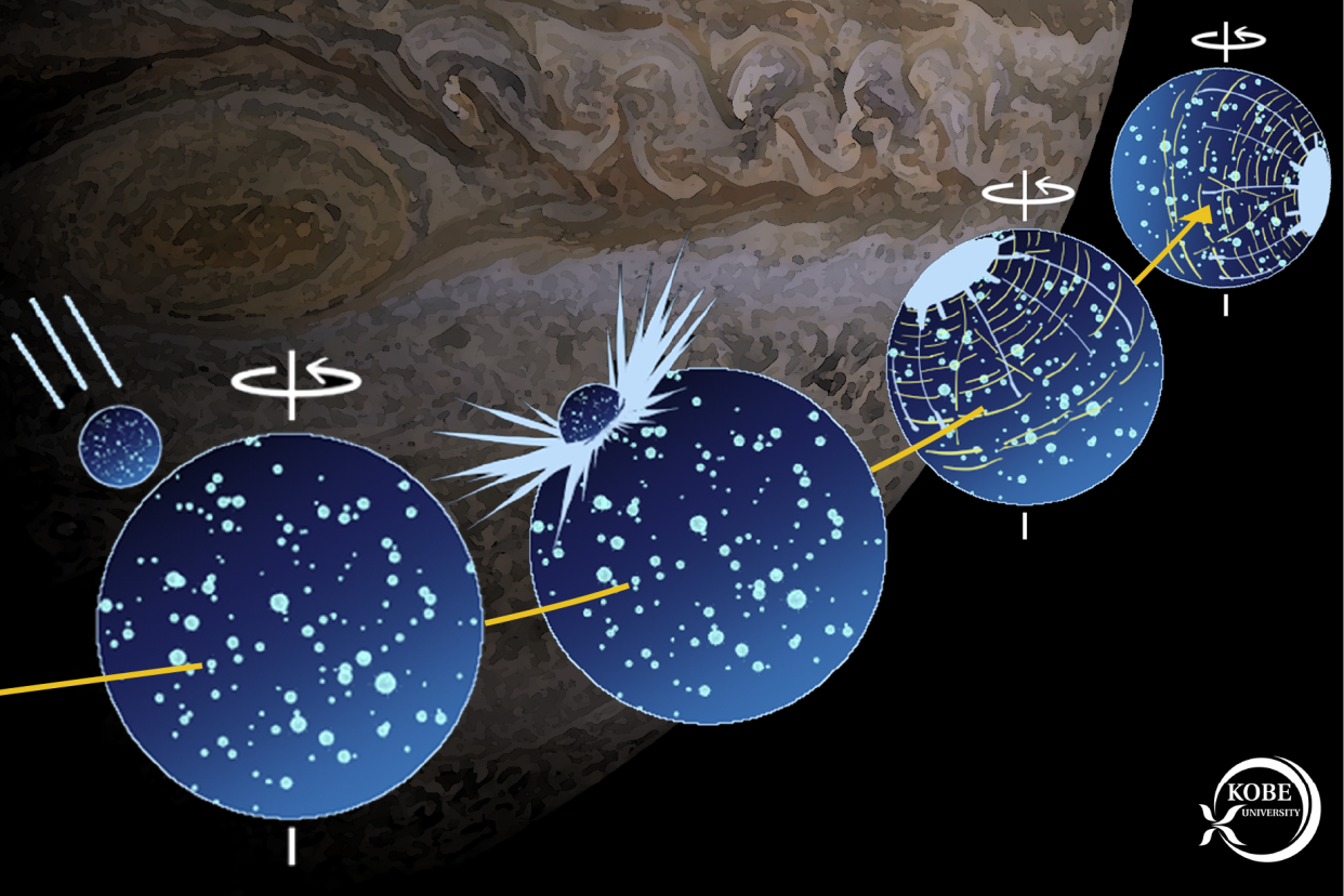 Kobe University researcher Naoyuki Hirata calculated the impact of an asteroid on Jupiter’s moon Ganymede.