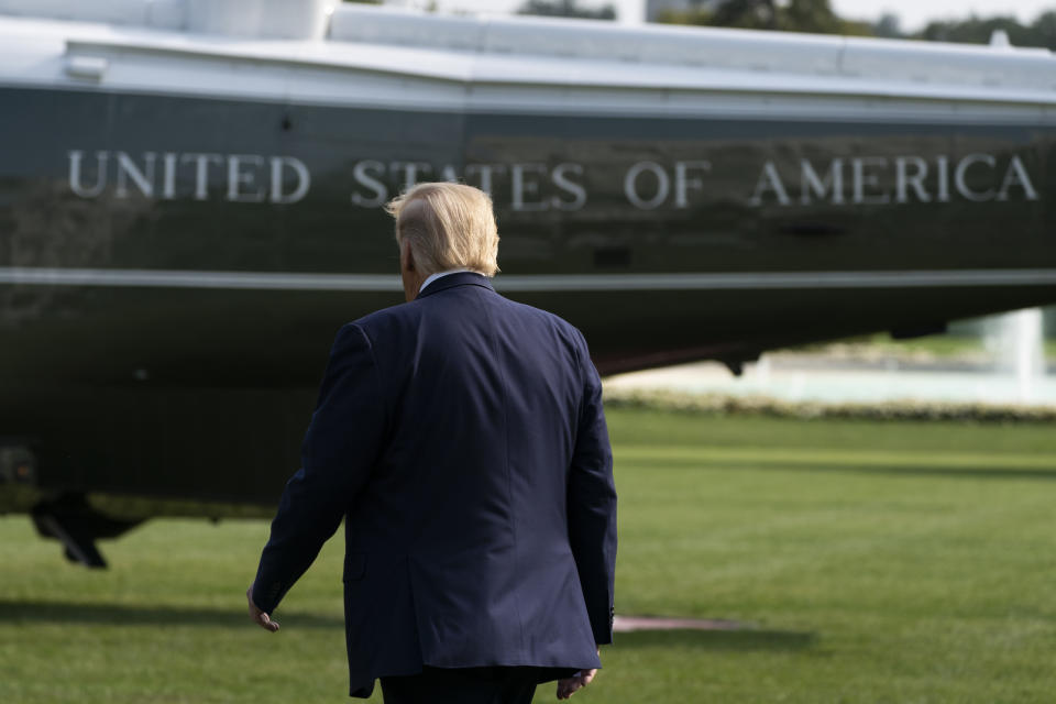 President Donald Trump walks to Marine One on the South Lawn of the White House, Friday, Sept. 18, 2020, in Washington. Trump is en route to Minnesota. (AP Photo/Alex Brandon)