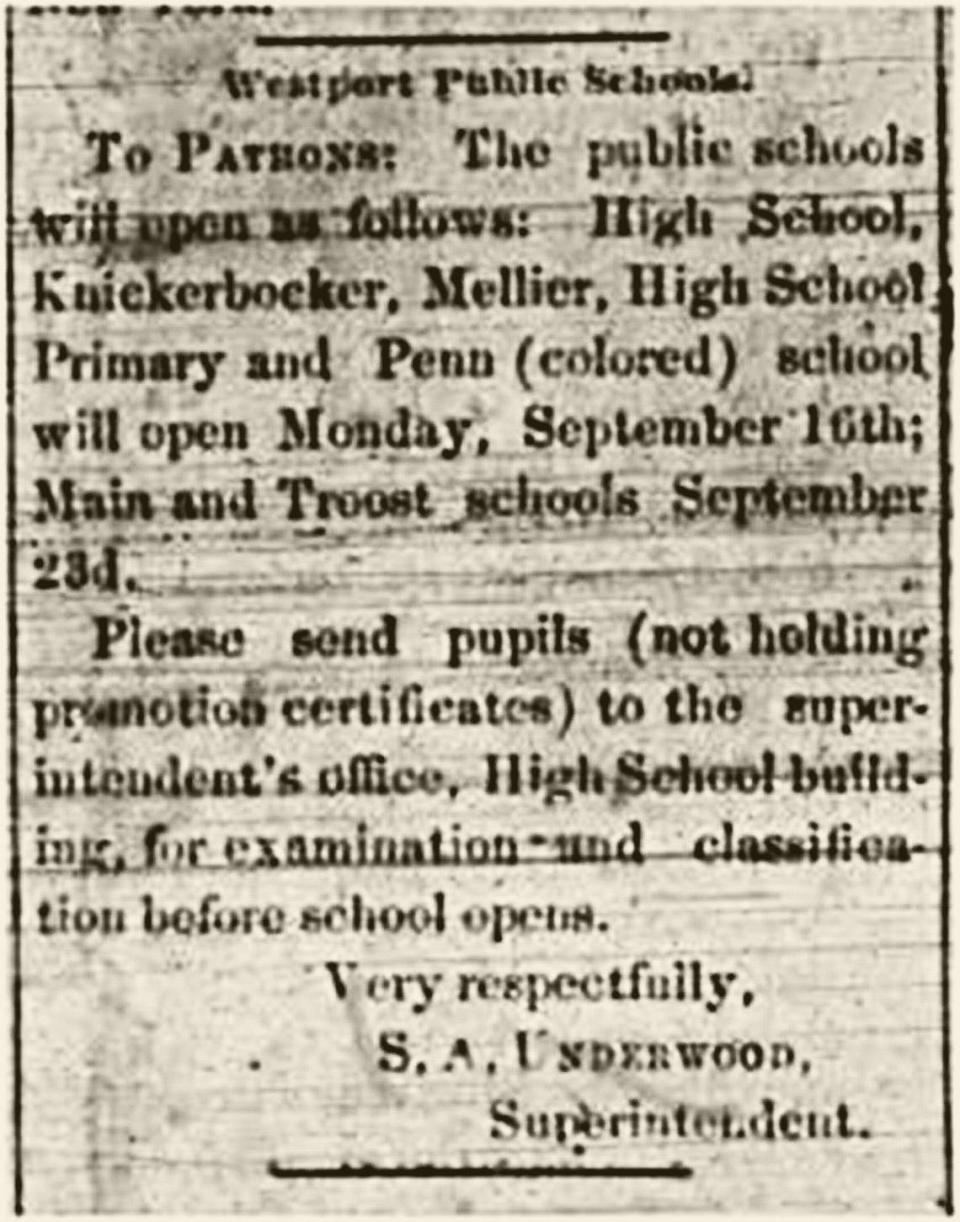A back-to-school announcement from September 14, 1895 naming the Penn School.