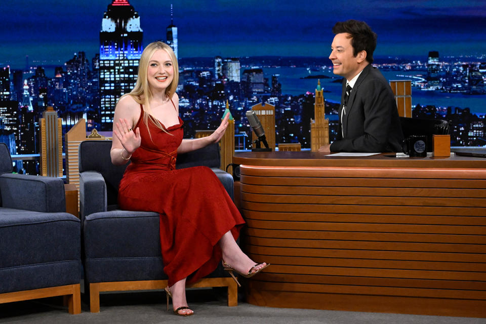THE TONIGHT SHOW STARRING JIMMY FALLON -- Episode 1947 -- Pictured: (l-r) Actress Dakota Fanning during an interview with host Jimmy Fallon on Monday, March 25, 2024 -- (Photo by: Todd Owyoung/NBC via Getty Images)