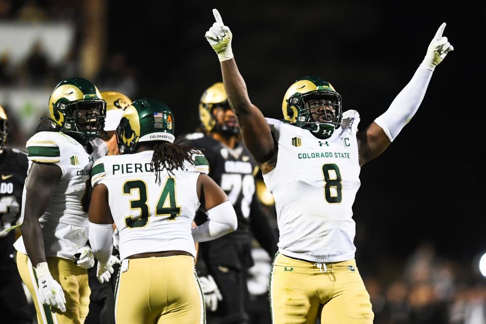 Colorado State's Mohamed Kamara (8) reacts during a college football game against CU at Folsom Field on Saturday, Sep. 16, 2023, in Boulder, Colo.