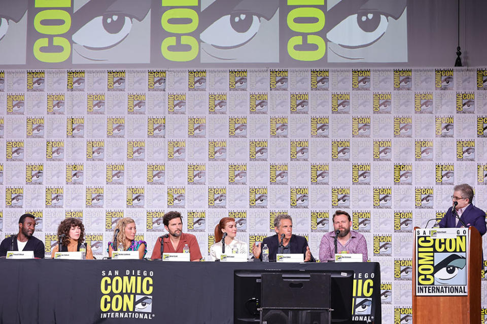 Tramell Tillman, Jen Tullock, Dichen Lachman, Adam Scott, Britt Lower, Ben Stiller, Dan Erickson and moderator Patton Oswalt speak onstage at the ‘Severence’ panel - Credit: Amy Sussman/Getty Images