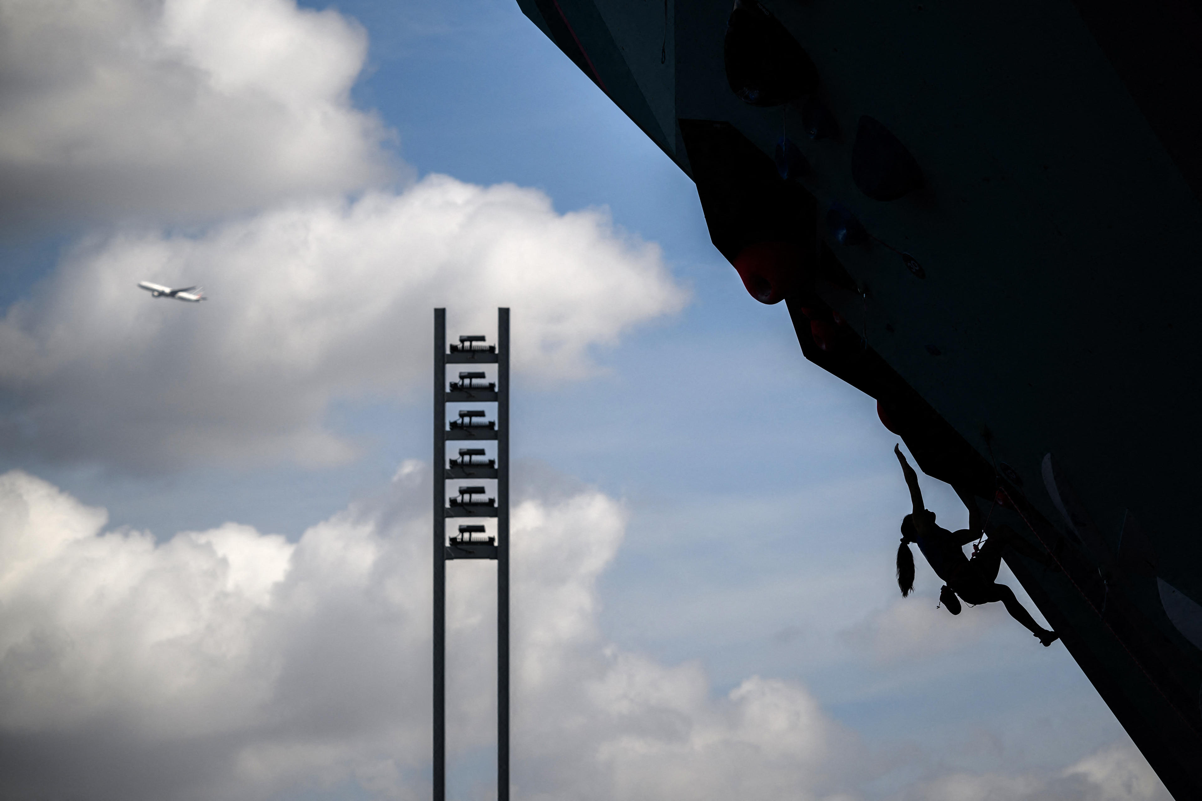 US' Natalia Grossman competes in  the women's sport climbing lead semi-final during the Paris 2024 Olympic Games at Le Bourget Sport Climbing Venue in Le Bourget on August 8, 2024. (Fabrice Coffrini/AFP/Getty Images) 