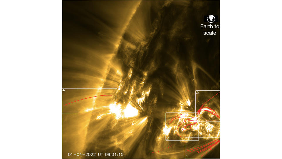 A diagram with red lines showing the trajectory of solar rain as it falls towards the surface of the sun