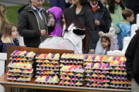 Colored eggs await the beginning of the White House Easter Egg Roll, Monday, April 18, 2022, at The White House in Washington. (AP Photo/Andrew Harnik)