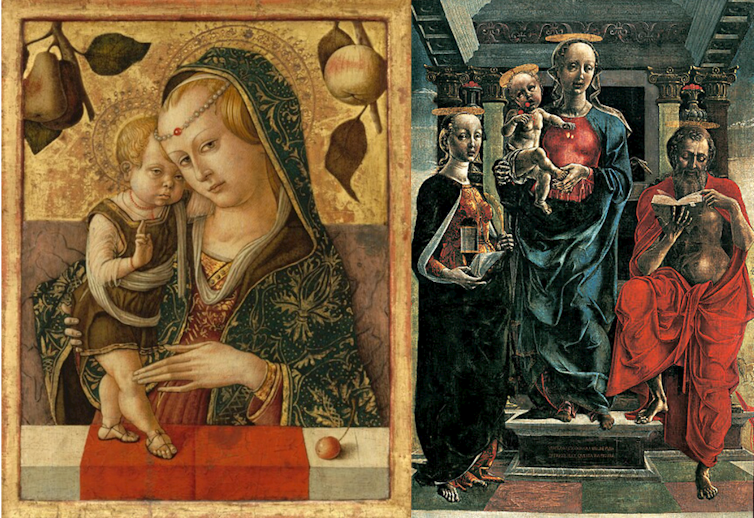 Two paintings of Madonna and baby Jesus, in which Madonna has a receding hairline