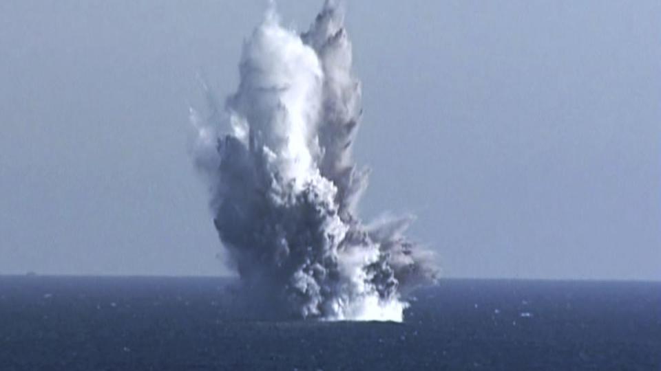 The North Korean government alleges this is an underwater blast of a test warhead loaded to an unmanned underwater nuclear attack craft, dubbed Haeil, seen during an exercise around Hongwon Bay in the waters off North Korea's eastern coast on March 23, 2023. (Korean Central News Agency/Korea News Service via AP)