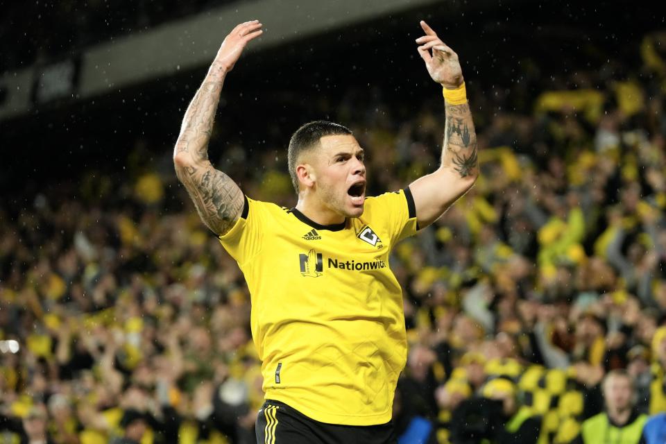 Dec 9, 2023; Columbus, OH, USA; Columbus Crew forward Christian Ramirez (17) reacts in the closing seconds of the MLS Cup final against Los Angeles FC at Lower.com Field.