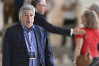 Broadcaster Mike Joy looks on prior to an event announcing the 2025 class for the NASCAR Hall of Fame, Tuesday, May 21, 2024, in Charlotte, N.C. (AP Photo/Matt Kelley)