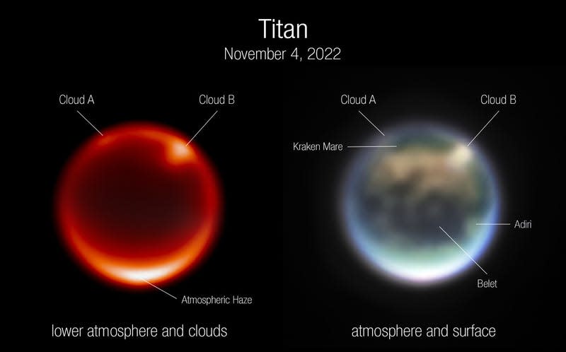 Two images of Titan, revealing details of its atmosphere and surface.