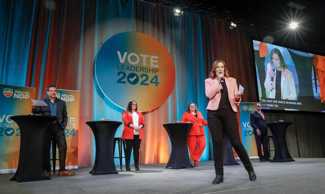 More than 1,000 NDP supporters attended the party's leadership debate in Calgary on May 11. Candidates, from left, Gil McGowan, Jodi Calahoo Stonehouse, Sarah Hoffman, Kathleen Ganley and Naheed Nenshi took part. (Jeff McIntosh/The Canadian Press - image credit)