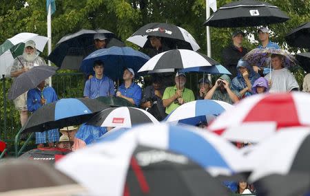 Golf fans attempt to stay dry under umbrellas during a rain delay at the start of the second round of the PGA Championship at Valhalla Golf Club in Louisville, Kentucky, August 8, 2014. REUTERS/John Sommers II