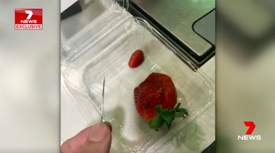 An elderly couple said they discovered a sewing needle buried inside a strawberry they had bought from a Maddington greengrocer on Monday. Source: 7 News