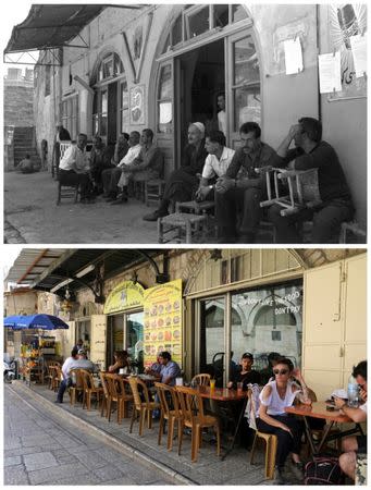 A combination picture shows men sitting at a sidewalk cafe in Jerusalem's Old City, in this Government Press Office handout photo, taken June 19, 1967 (top) and the same location May 17, 2017. REUTERS/Moshe Pridan/Government Press Office/Handout via Reuters (top)/Ammar Awad