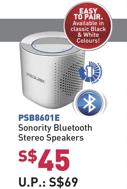 Prolink’s PSB8601E Sonority Bluetooth stereo speakers are on sale at the show, and this 360o speaker with a class D amplifier and 15 hour battery life is going for $45 instead of the usual price of $69 at the show. That’s a pretty good price for this pocketable speaker that has a frequency range of 80Hz to 20kHz and supports both A2DP and AVRCP.