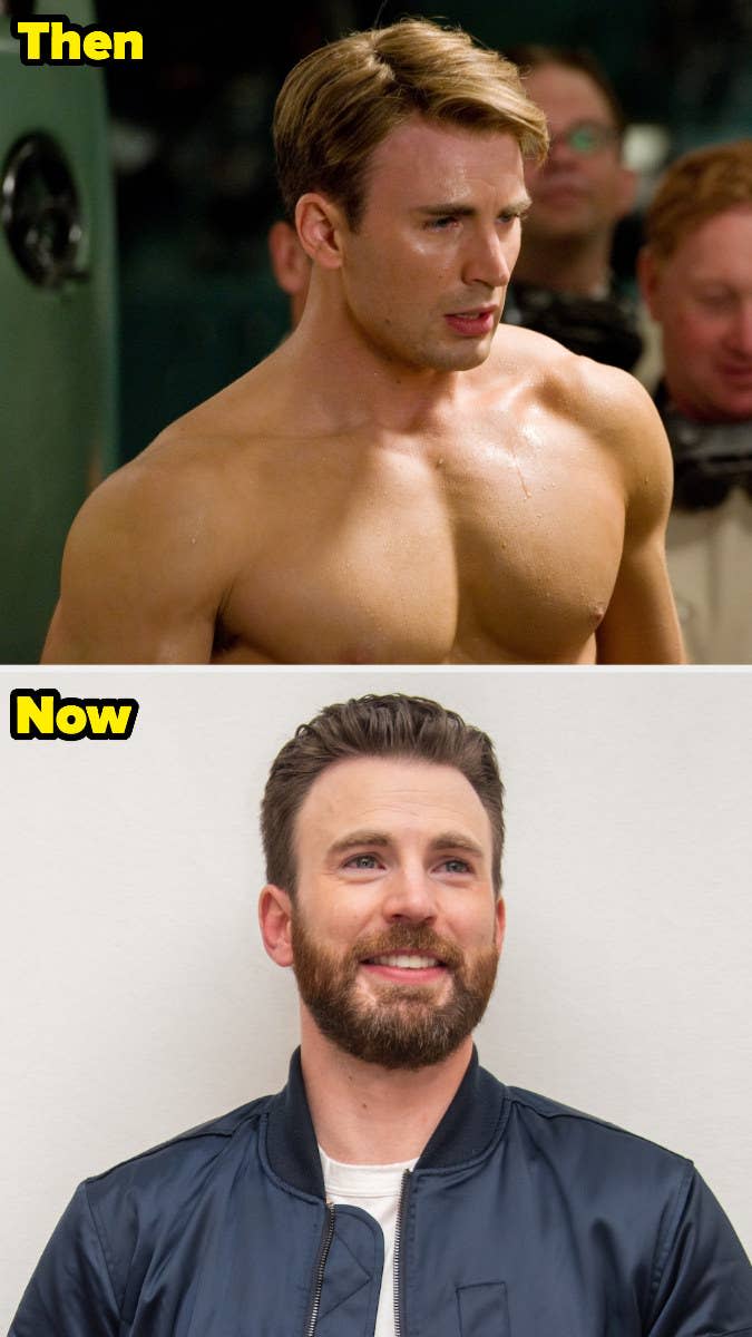 Chris shirtless as Steve Rogers vs. Chris as himself with a full beard