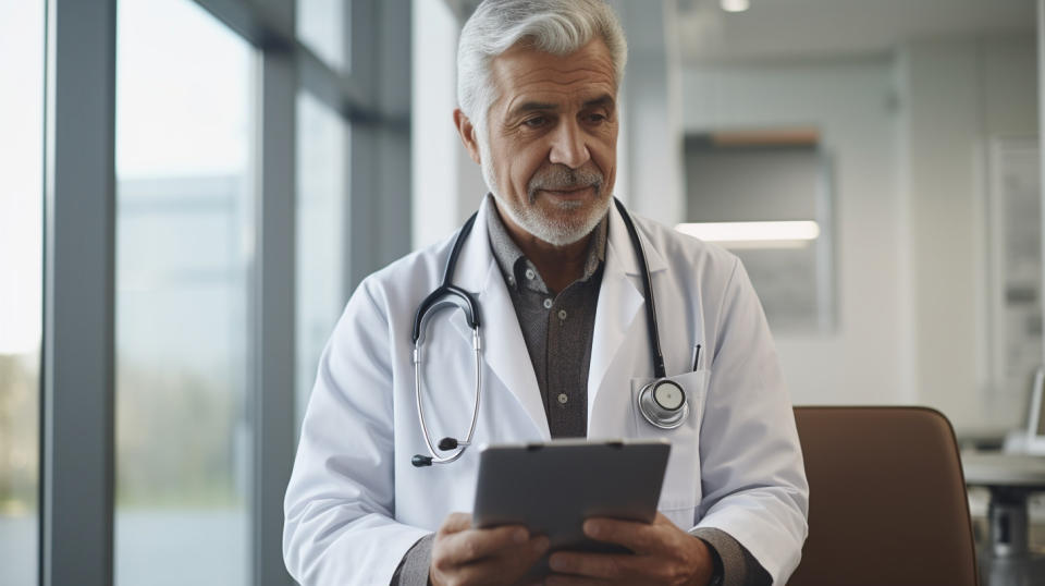 A doctor holding a clipboard talking to an elderly patient in a Medicare Advantage healthcare facility.