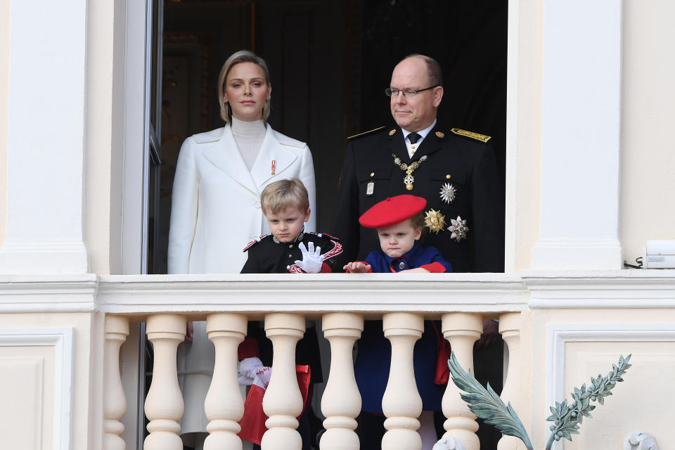 MONTE-CARLO, MONACO - NOVEMBER 19: Princess Charlene of Monaco and Prince Albert II of Monaco with children Jacques and Gabriella pose at the Palace balcony during the Monaco National Day Celebrations on November 19, 2019 in Monte-Carlo, Monaco. (Photo by Pascal Le Segretain/Getty Images)