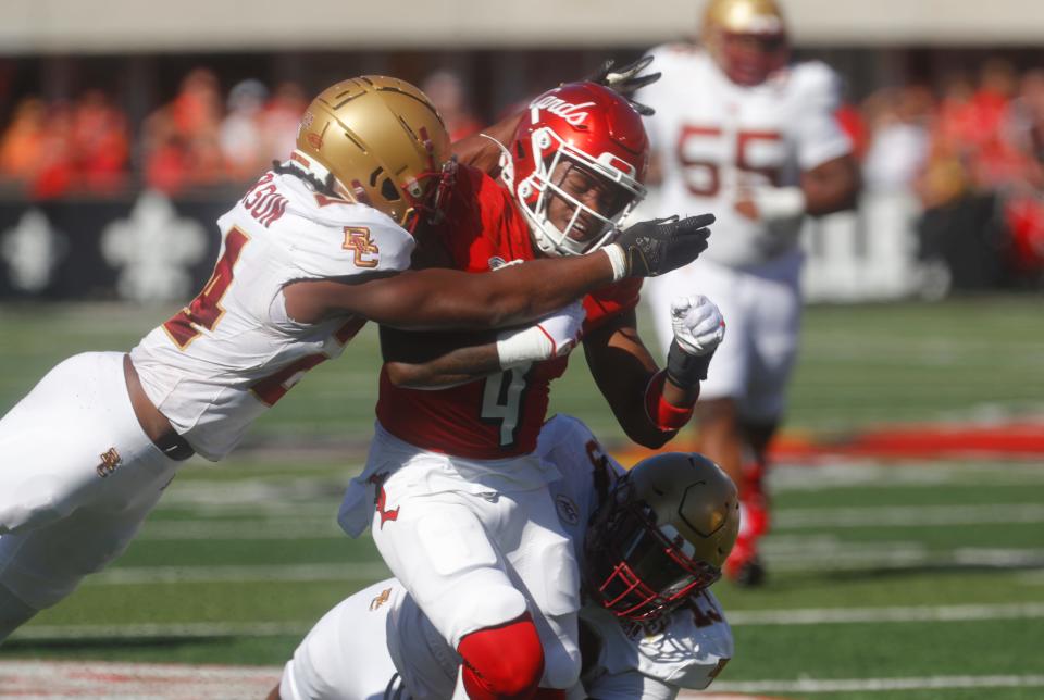 Louisville’s Maurice Turner gets a first down against Boston College’s Amari Jackson Saturday afternoon in L & N Stadium.
Sept. 23, 2023