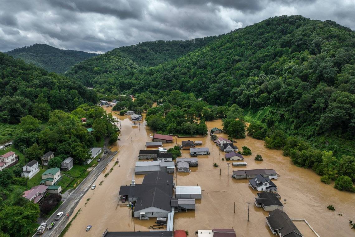 Buildings and roads are flooded in Garrett, Ky., on Thursday, July 28, 2022.