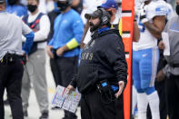 Detroit Lions head coach Matt Patricia watches during the first half of an NFL football game against the Carolina Panthers Sunday, Nov. 22, 2020, in Charlotte, N.C. (AP Photo/Gerry Broome)