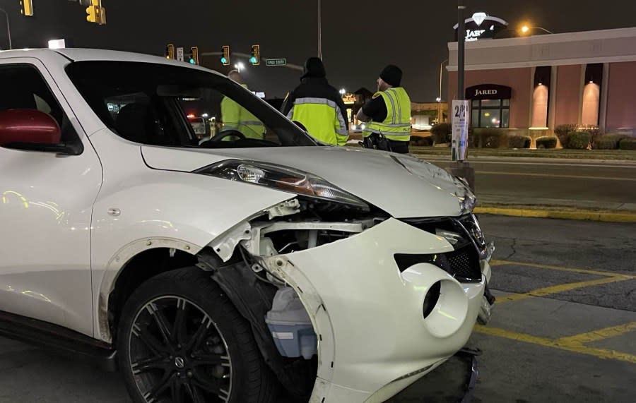 Front-end damage is seen on a vehicle involved in a fatal crash in Murray, Utah, on Jan. 23, 2024.