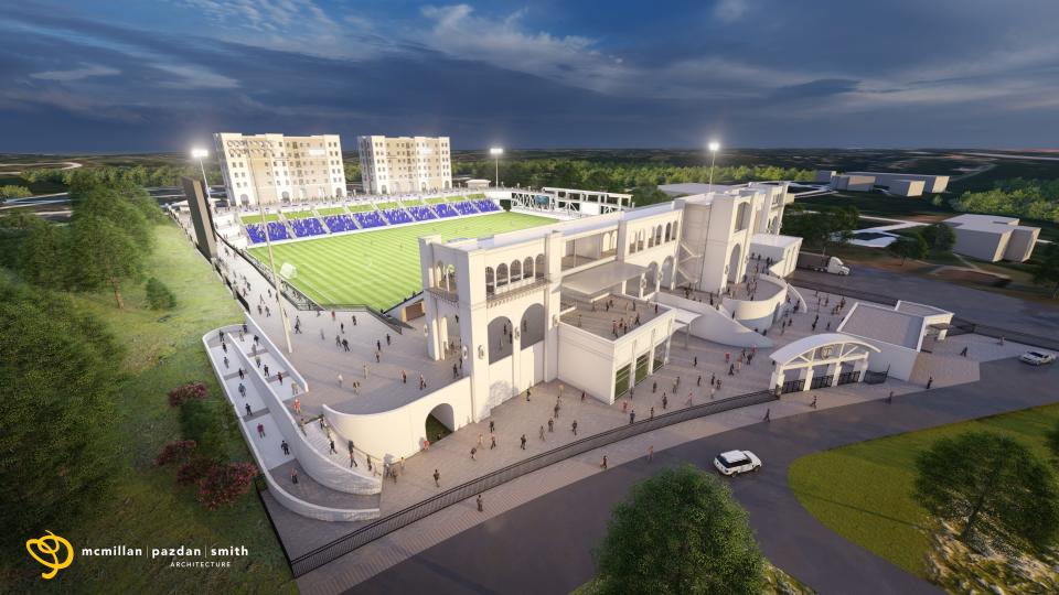 A rendering of the proposed stadium that will house the Greenville Triumph Soccer Club. The architecture would match nearby BridgeWay Station.