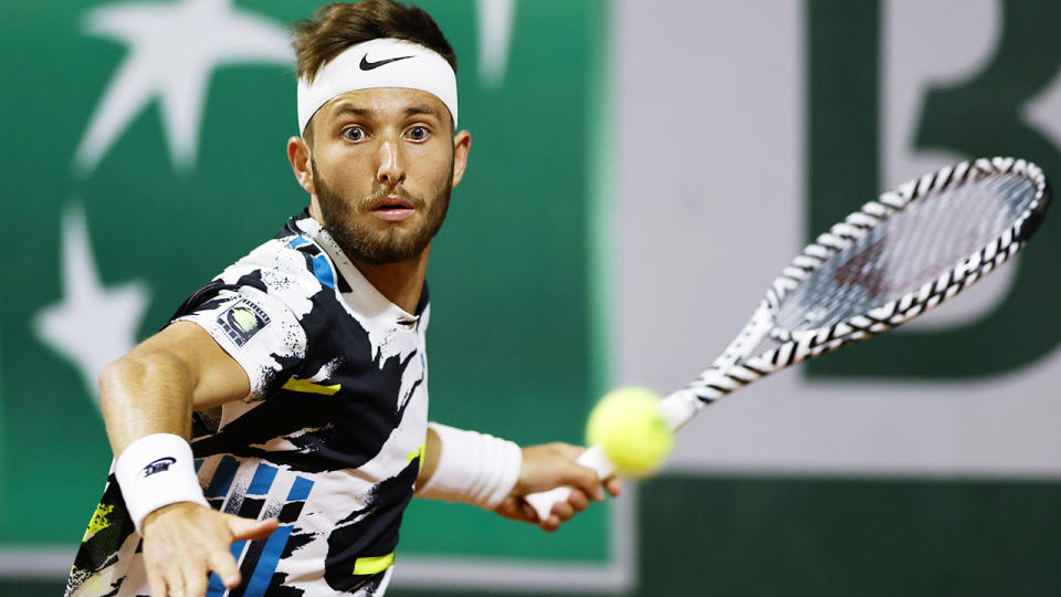 Corentin Moutet, pictured here in action against Lorenzo Giustino at the French Open. 