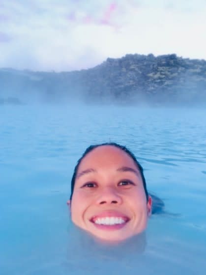 The author Bonnie Tsui of "Why We Swim," in an Icelandic hot pool.