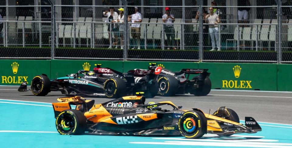 McLaren driver Lando Norris of Britain is seen on the track after crashing his car in a Sprint race on the second day of the Formula One Miami Grand Prix at the Miami International Autodrome on Saturday, May 4, 2024, in Miami Gardens, Fla.