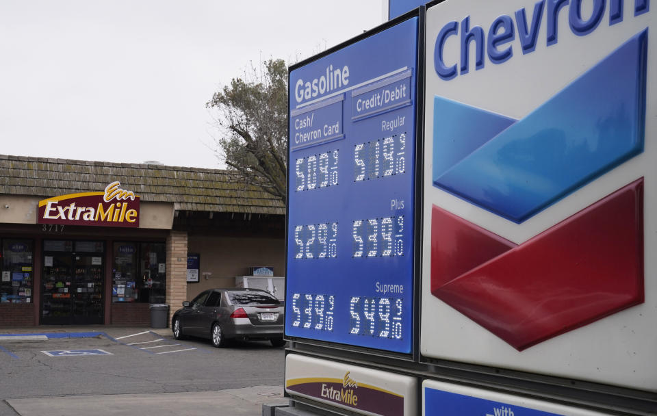 CORRECTS DATE - Chevron Gas prices over the $5 mark are displayed in Visalia, Calif., Tuesday, Nov. 16, 2021. (AP Photo/Rich Pedroncelli)