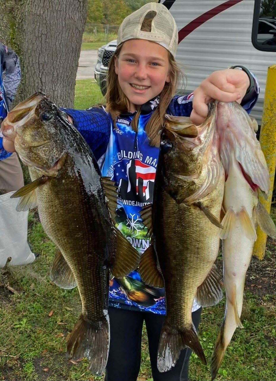 Mattie Fountain, 11, fishing solo had four fish at 9.37 pounds and big bass with a 3.04 pounder to win the Junior Division of the Lakeland Junior Hawg Hunters tournament Nov. 20 on Lake Kissimmee.