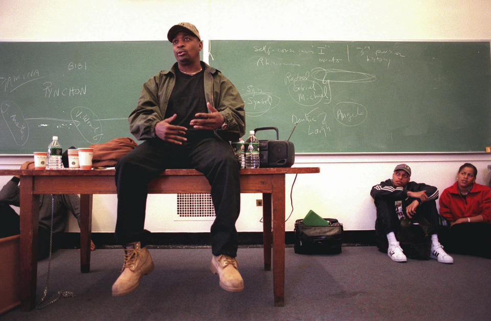 FILE - In this April 28, 1998 file photo, Chuck D from the rap group Public Enemy, speaks to Columbia University students in New York. In the early days of hip-hop, plugging turntables into a light post and converting an outdoor basketball court into a discotheque may have seemed like a simple invitation to party. A closer look scene revealed the truth: Hip-hop was a response to social and economic injustice in disregarded neighborhoods, a showcase of joy, ingenuity and innovation despite a lack of wealth and resources. Chuck D said he sees hip-hop as a catalyst for the Black Lives Matter movement. (AP Photo/Stacy Zaferes, file)