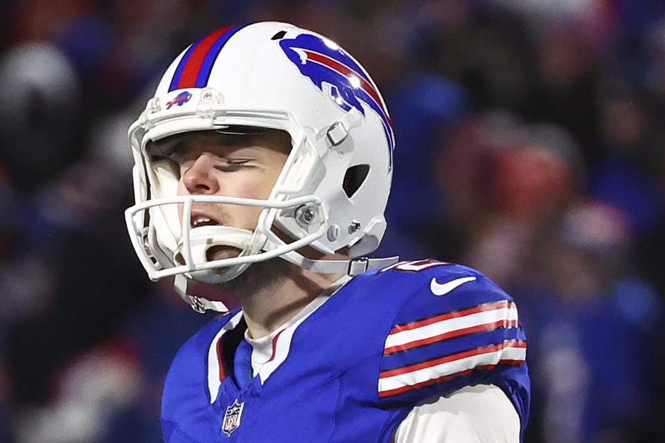 FILE - Buffalo Bills place kicker Tyler Bass (2) reacts after missing a field goal against the Kansas City Chiefs during the fourth quarter of an NFL AFC division playoff football game, Sunday, Jan. 21, 2024, in Orchard Park, N.Y. If Bass had connected, the game would have been tied at 27. But after the miss, the Chiefs needed only two plays to secure a game-clinching first down.(AP Photo/Jeffrey T. Barnes, File)