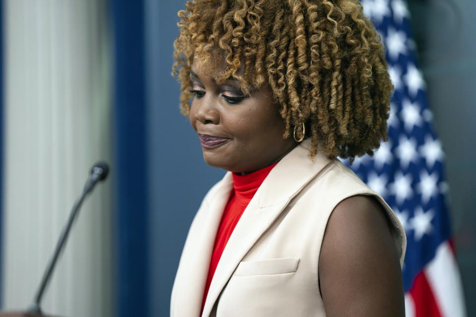 White House press secretary Karine Jean-Pierre speaks during a press briefing, Wednesday, July 3, 2024, in Washington. (AP Photo/Evan Vucci)