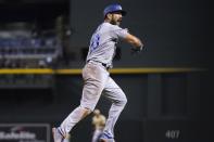 Los Angeles Dodgers' Steven Souza celebrates his home run against the Arizona Diamondbacks during the eighth inning of a baseball game Friday, June 18, 2021, in Phoenix. (AP Photo/Ross D. Franklin)