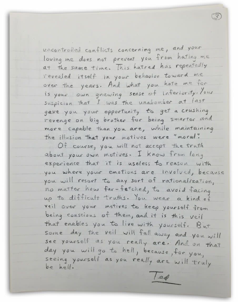 This is the third part to one of Kaczynski's letters to his brother David. Photo: Yahoo US