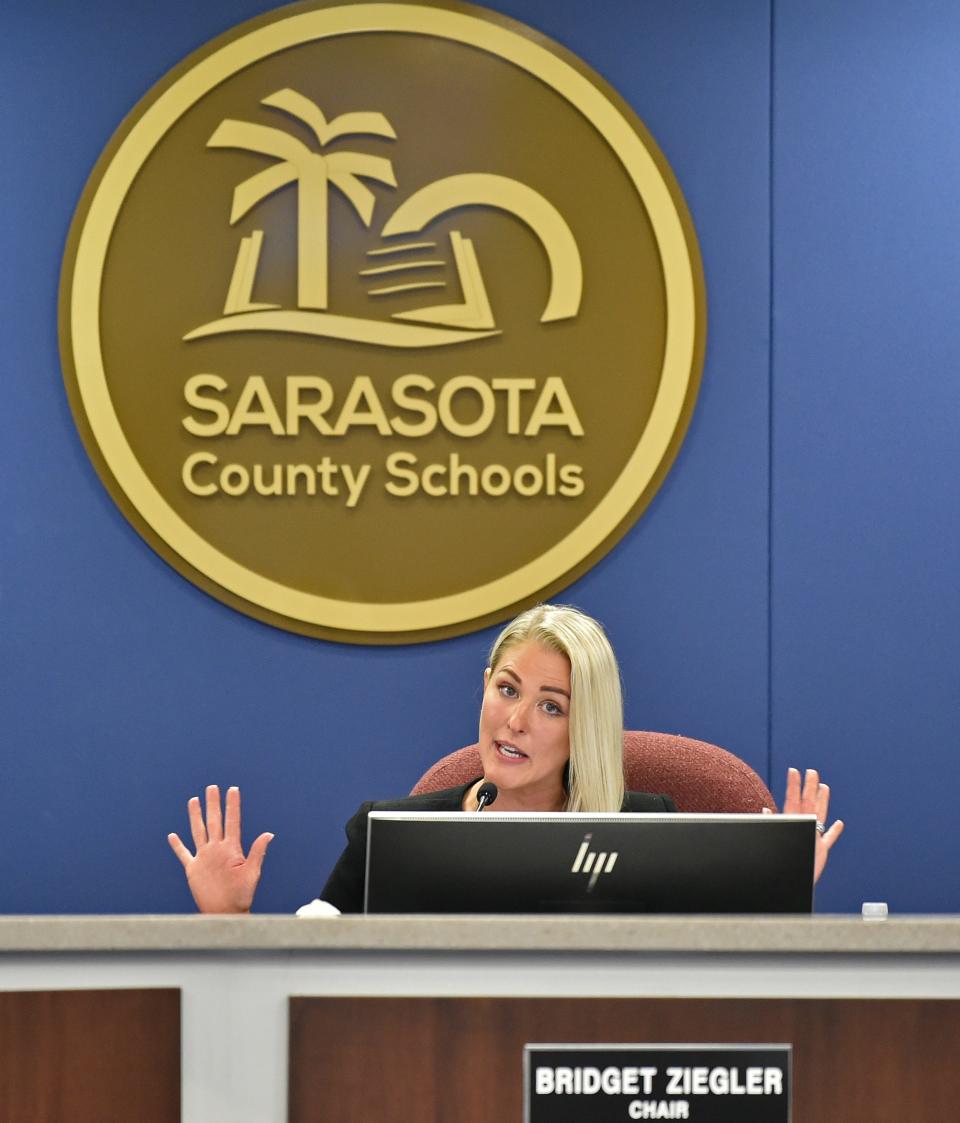 Sarasota County School Board Chair Bridget Ziegler speaks during a Nov. 2022 board meeting. The School Board has begun its search for a new superintendent to replace Brennan Asplen, and it must commit to carrying out that process in an open, transparent manner.